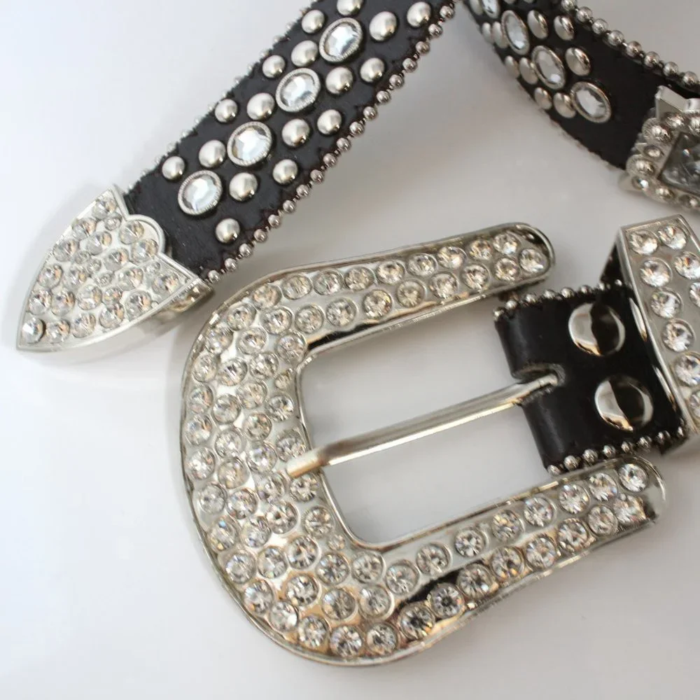 Western Women's Belt Brown Leather Square Rhinestone Conchos And Crystal Bling ~ - Picture 2 of 11